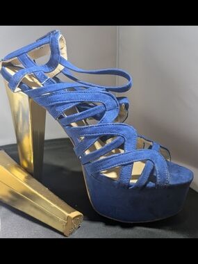 Shoe Dazzle Cobalt Strappy Platform Sandal with Gold Heel